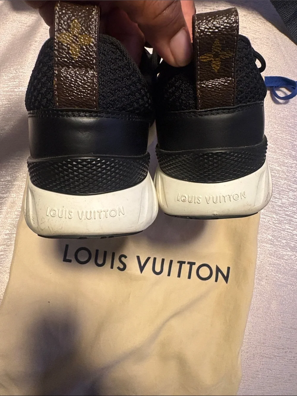 Louis Vuitton Black Knit Sneakers with White Soles and Monogram Tabs